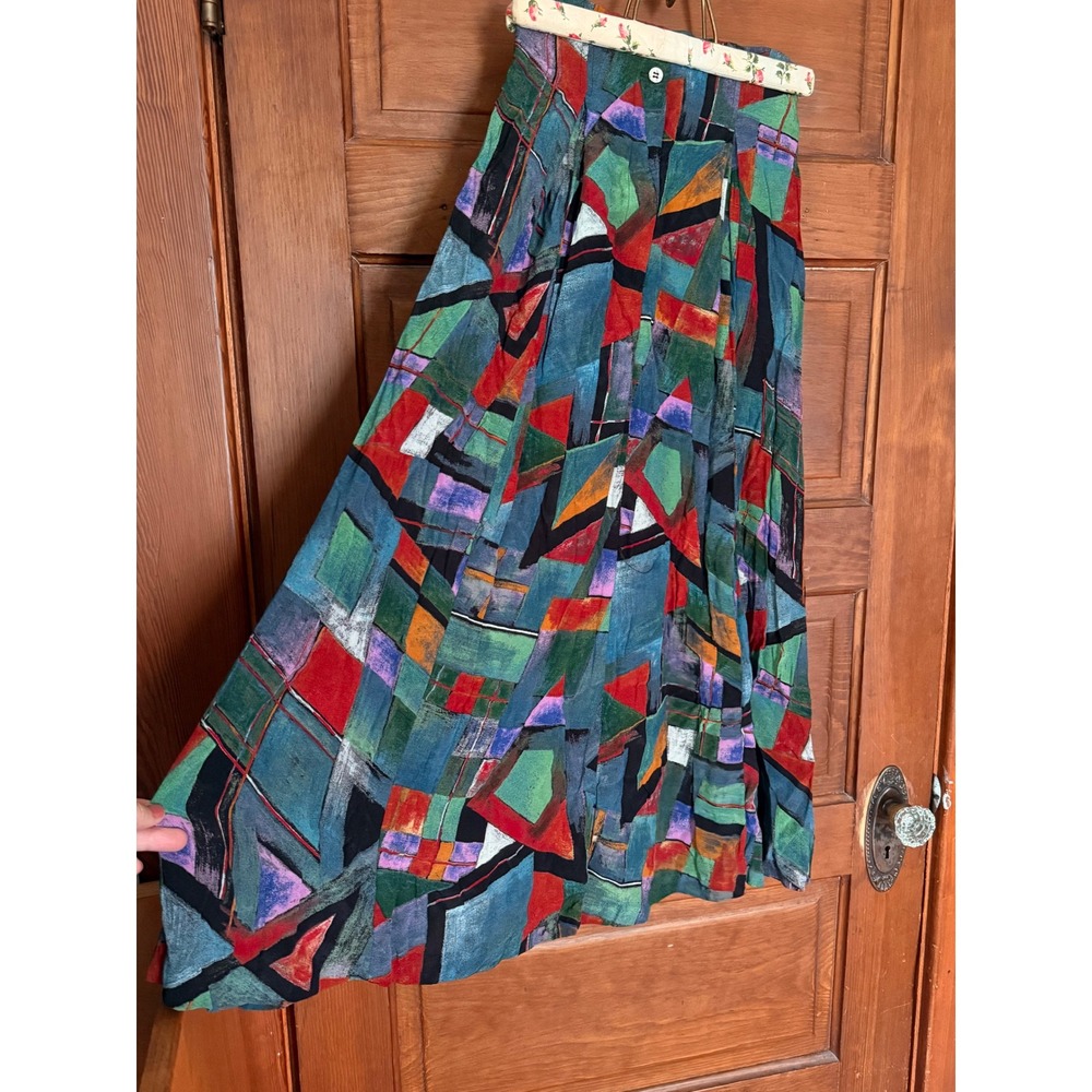 Vintage Karen Kane Abstract Geometric Maxi Skirt Multi Color Pleated USA Size 4